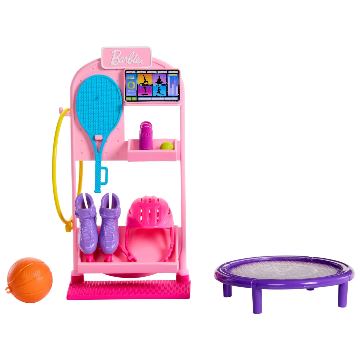 Barbie World Sport Rack Toy Playset With 9 Doll Accessories including Trampoline, Tennis Racket, & Skates
